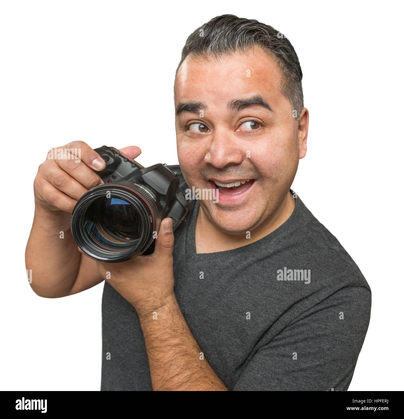 Goofy Hispanic Young Male With DSLR Camera Isolated on a White Background. Stock Photo