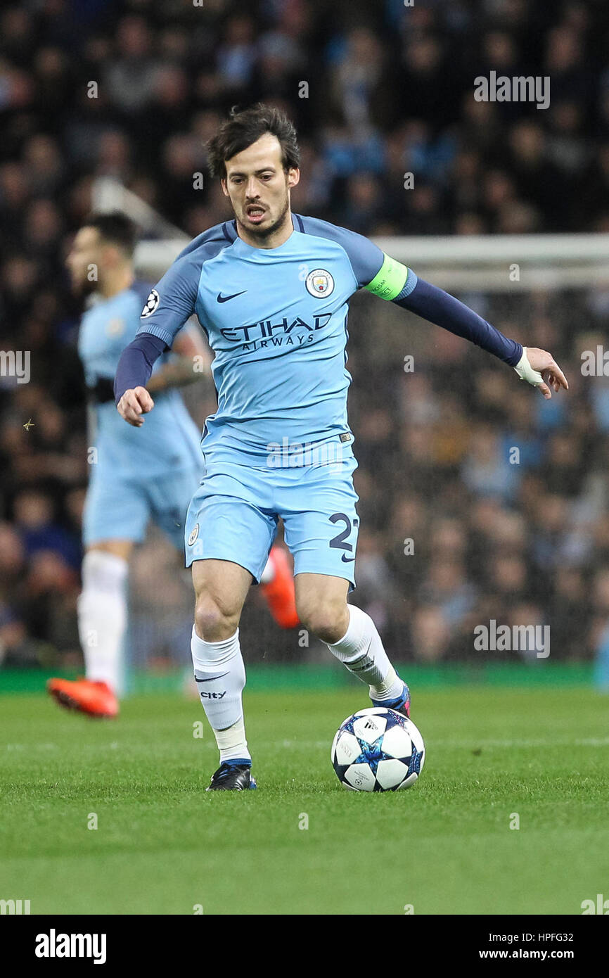 Manchester, UK. 21st Feb, 2017. David Silva of Manchester City during the UEFA Champions League Round of 16 first leg match between Manchester City and AS Monaco at the Etihad Stadium on February 21st 2017 in Manchester, England. Credit: PHC Images/Alamy Live News Stock Photo