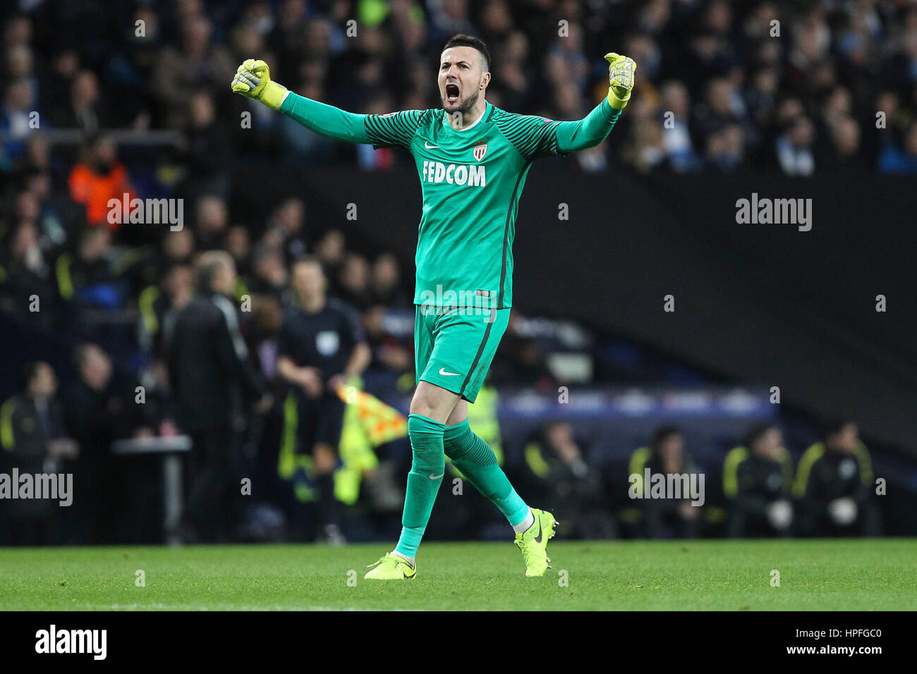 Manchester, UK. 21st Feb, 2017. Danijel Subasic of Monaco celebrates his side's second goal during the UEFA Champions League Round of 16 first leg match between Manchester City and AS Monaco at the Etihad Stadium on February 21st 2017 in Manchester, England. Credit: PHC Images/Alamy Live News Stock Photo