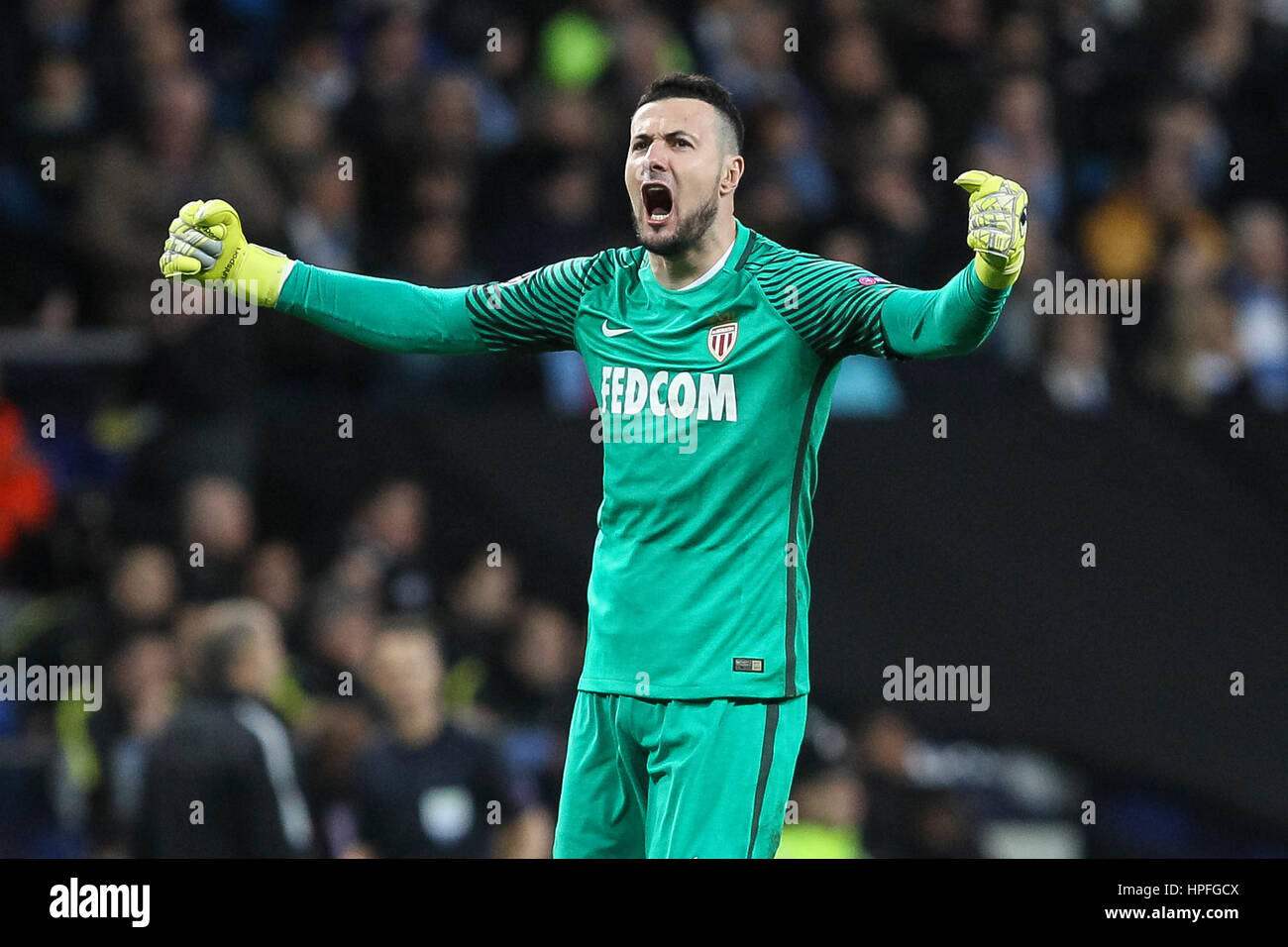 Manchester, UK. 21st Feb, 2017. Danijel Subasic of Monaco celebrates his side's second goal during the UEFA Champions League Round of 16 first leg match between Manchester City and AS Monaco at the Etihad Stadium on February 21st 2017 in Manchester, England. Credit: PHC Images/Alamy Live News Stock Photo