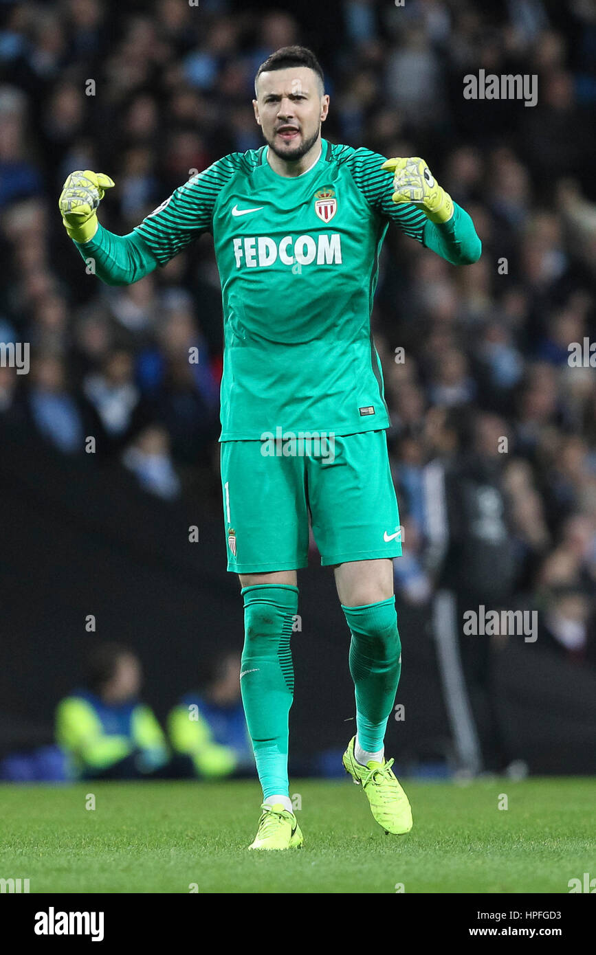 Manchester, UK. 21st Feb, 2017. Danijel Subasic of Monaco celebrates his side's first goal during the UEFA Champions League Round of 16 first leg match between Manchester City and AS Monaco at the Etihad Stadium on February 21st 2017 in Manchester, England. Credit: PHC Images/Alamy Live News Stock Photo