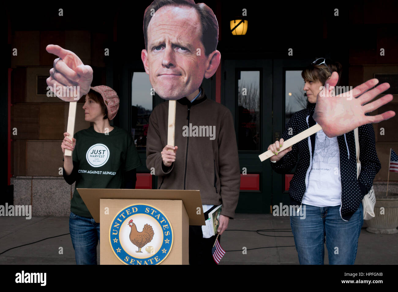 Pittsburgh, USA.  21st February, 2017.  Protestors gather in peaceful protest on a weekly basis at United States Senator Pat Toomey's offices throughout the state of Pennsylvania in order to attempt make their voices heard to the Senator on current topics.  The protest in Pittsburgh, Pennsylvania on 2/21/2017 staged a mock town hall called 'Our Town Hall With or Without Senator Toomey'. Credit: Amy Cicconi/Alamy Live News Stock Photo