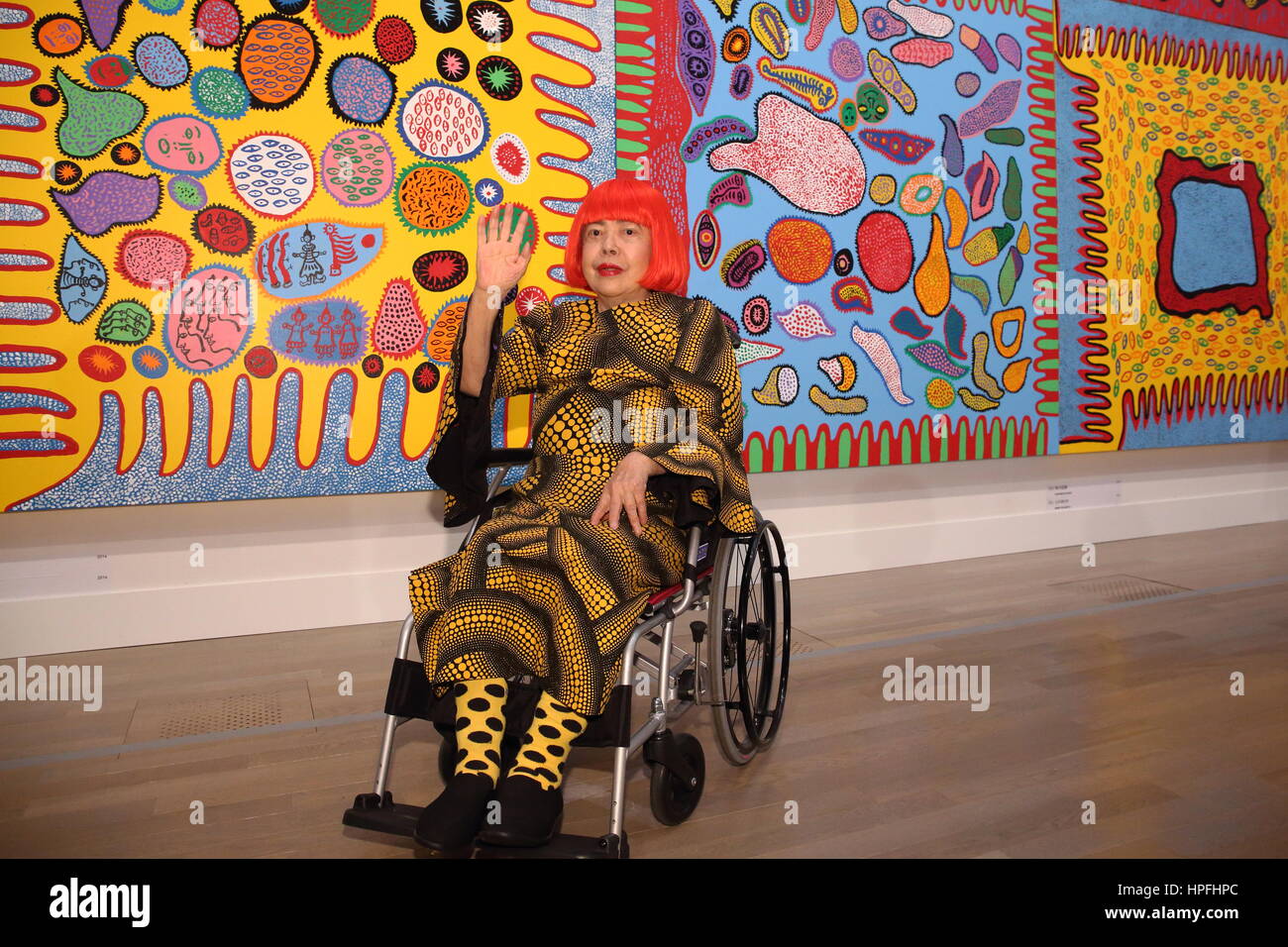 Tokyo, Japan. 21st Feb, 2017. Japanese artist Yayoi Kusama attends the exhibition of 'Yayoi Kusama: My Eternal Soul' during press preview day at The National Art Center in Tokyo, Japan on February 21, 2017. Credit: Motoo Naka/AFLO/Alamy Live News Stock Photo
