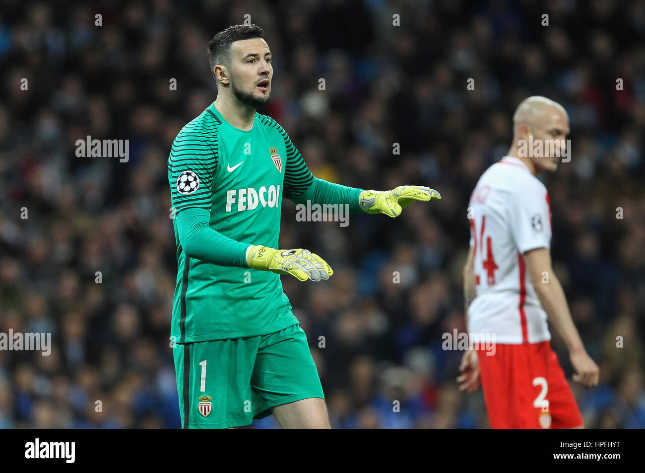 Manchester, UK. 21st Feb, 2017. Danijel Subasic of Monaco gestures during the UEFA Champions League Round of 16 first leg match between Manchester City and AS Monaco at the Etihad Stadium on February 21st 2017 in Manchester, England. Credit: PHC Images/Alamy Live News Stock Photo