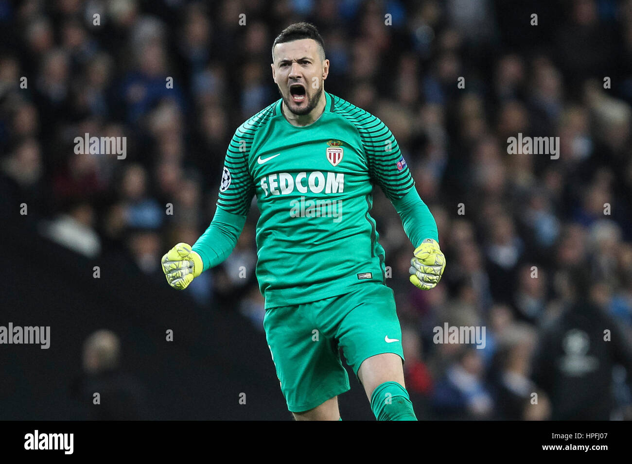 Manchester, UK. 21st Feb, 2017. Danijel Subasic of Monaco celebrates his side's first goal during the UEFA Champions League Round of 16 first leg match between Manchester City and AS Monaco at the Etihad Stadium on February 21st 2017 in Manchester, England. Credit: PHC Images/Alamy Live News Stock Photo