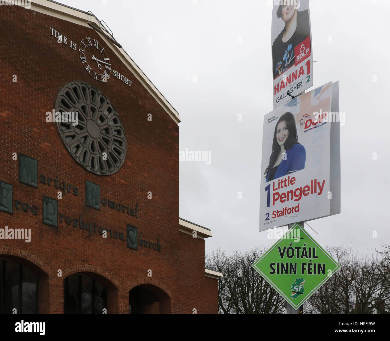 Belfast, Northern Ireland. 21st Feb, 2017. A grey day in South Belfast with election posters providing some colour. With only nine days to go until the Northern Ireland Assembly elections 2017 'Time is short' as the motto on the late Ian Paisley's former church states. Credit: David Hunter/Alamy Live News Stock Photo