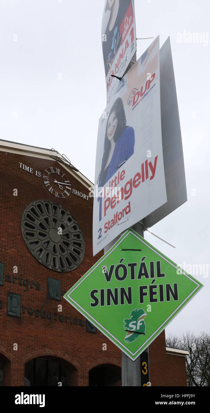 Belfast, Northern Ireland, UK. 21st Feb, 2017. A grey day in South Belfast with election posters providing some colour. With only nine days to go until the Northern Ireland Assembly elections 2017 'Time is short' as the motto on the late Ian Paisley's former church states. Credit: David Hunter/Alamy Live News Stock Photo