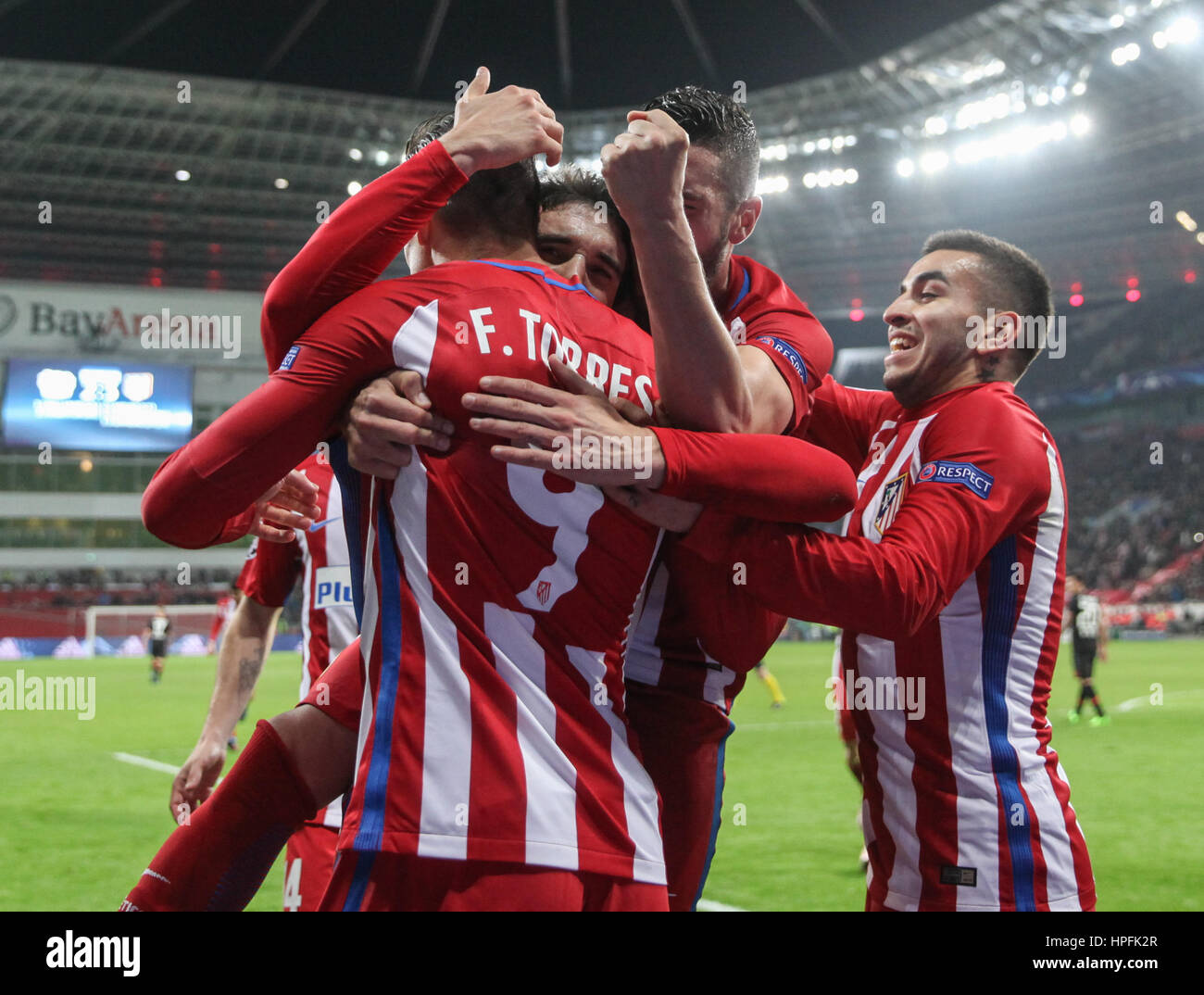 (170222) -- LEVERKUSEN, Feb. 22, 2017 -- Atletico Madrid's players celebrate scoring during the first leg match of Round of 16 of European Champions League between Bayer 04 Leverkusen and Atletico Madrid in Leverkusen, Germany, on Feb. 21, 2017. Leverkusen lost 2-4. (Xinhua/Shan Yuqi) Stock Photo