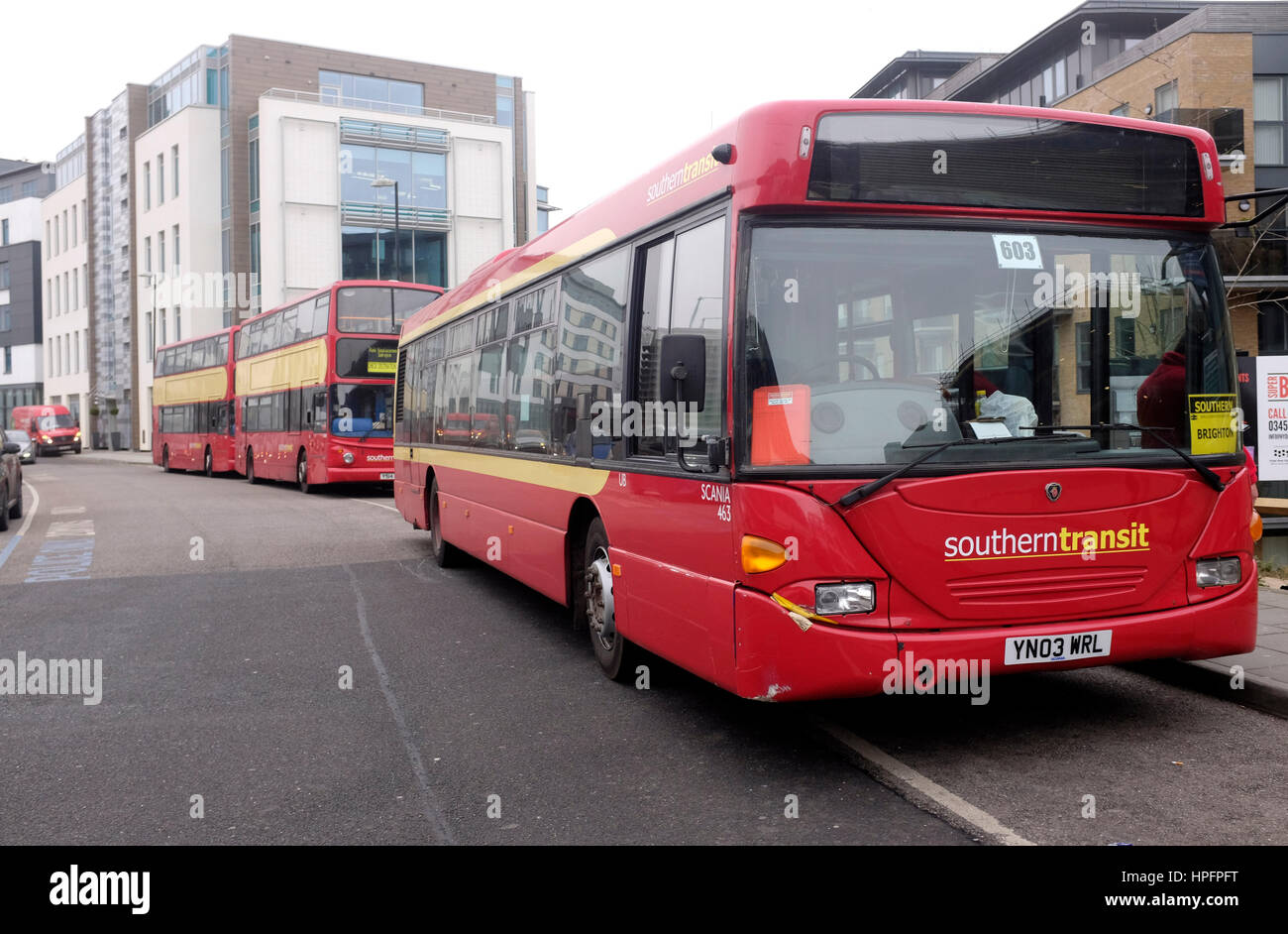 Brighton, UK. 22nd Feb, 2017. Rail Replacement Service buses at Brighton railway station this morning as of the RMT union stage another day of strike action in the dispute between the management and the unions over driver only trains . The long running dispute which has caused travel disruption in the south east is over Southern Rail management wanting to get rid of conductors on the trains Credit: Simon Dack/Alamy Live News Stock Photo