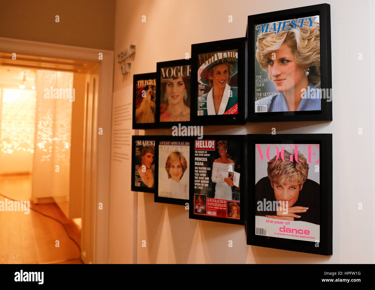 London, UK. 22nd Feb, 2017. London, Princess' dresses and outfits. 31st Aug, 1997. A selection of magazine front pages featuring Princess Diana is shown at 'Diana: Her Fashion Story' Exhibition at the Kensington Palace in London, Britain, on Feb. 22, 2017. The exhibition 'Diana: Her Fashion Story', which showcases a number of the Princess' dresses and outfits, will open to the public on February 24 as part of the events commemorating the life of Princess Diana to mark the 20th anniversary of her death in Paris on August 31, 1997. Credit: Xinhua/Alamy Live News Stock Photo