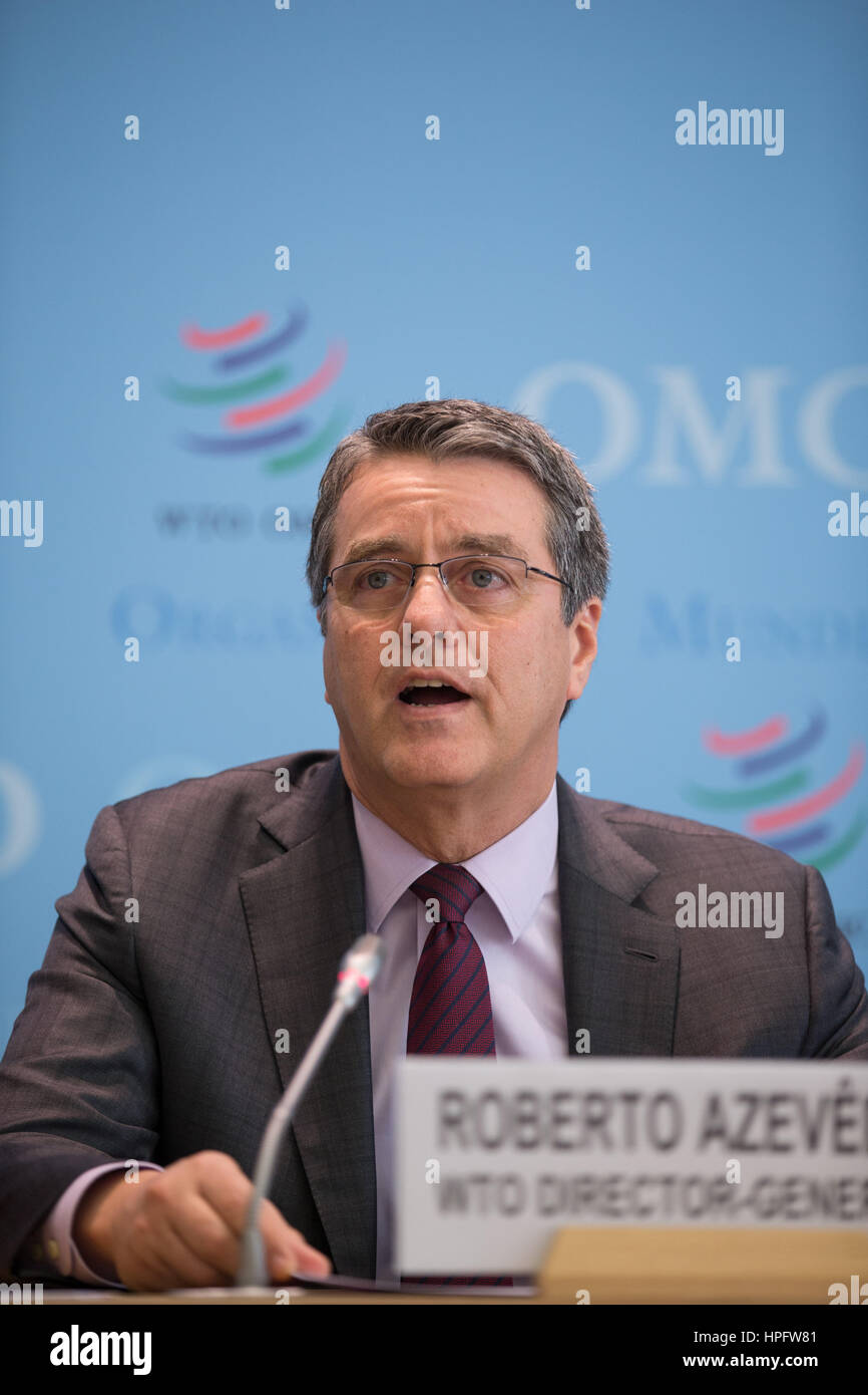 Geneva, Switzerland. 22nd February, 2017. Geneva, Switzerland. 22nd Feb, 2017. The World Trade Organization (WTO) Director-General Roberto Azevedo addresses during a press conference in the headquarters of WTO in Geneva, Switzerland, Feb. 22, 2017.  Rwanda, Oman, Chad and Jordan on Wednesday submitted their ratifications of acceptance to Azevedo in WTO's headquarter in Geneva, bringing the total number of ratifications to 112. Credit: Xinhua/Alamy Live News Stock Photo