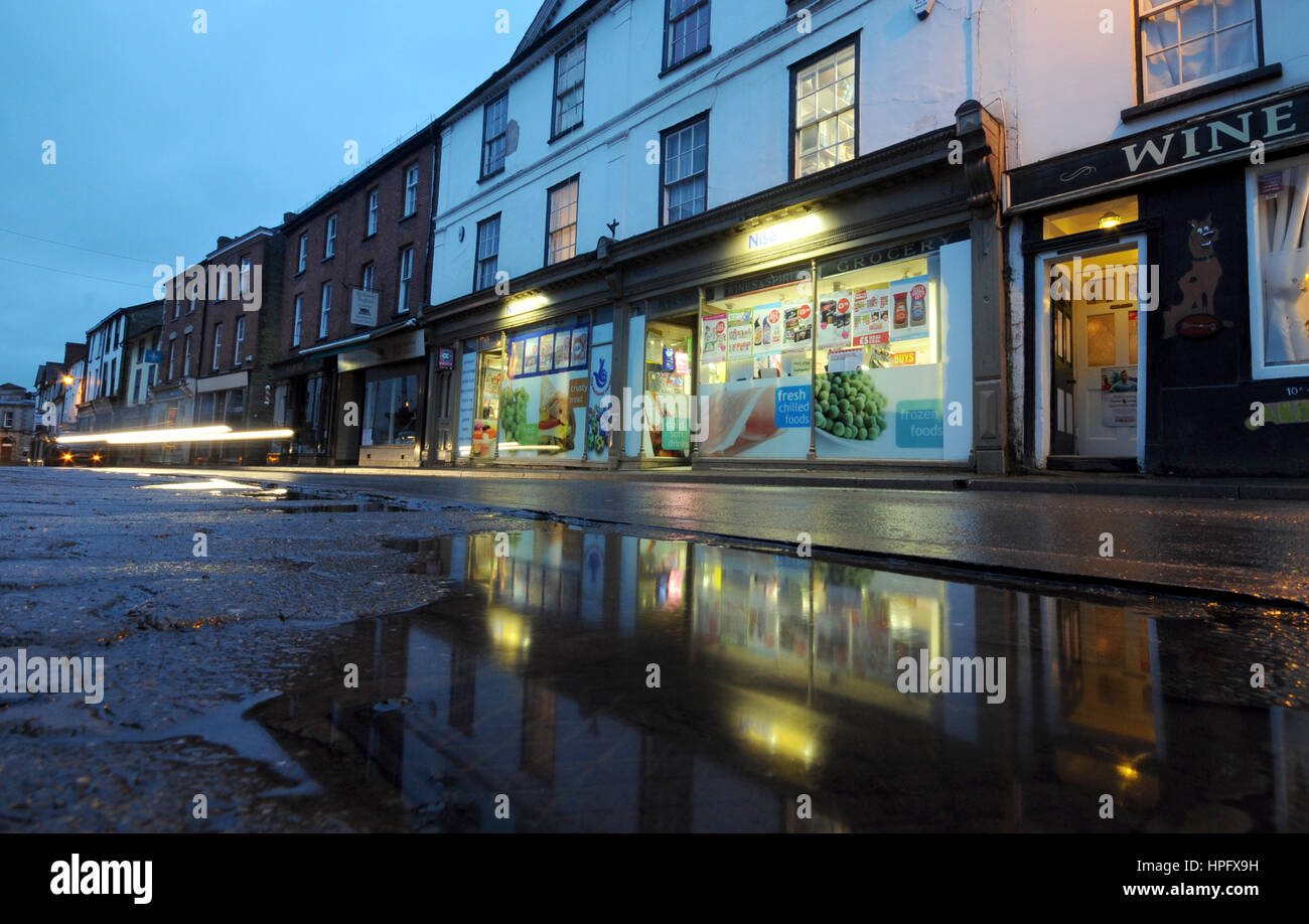 Kington, Herefordshire, UK. 22nd February 2017. A flooded pavement in