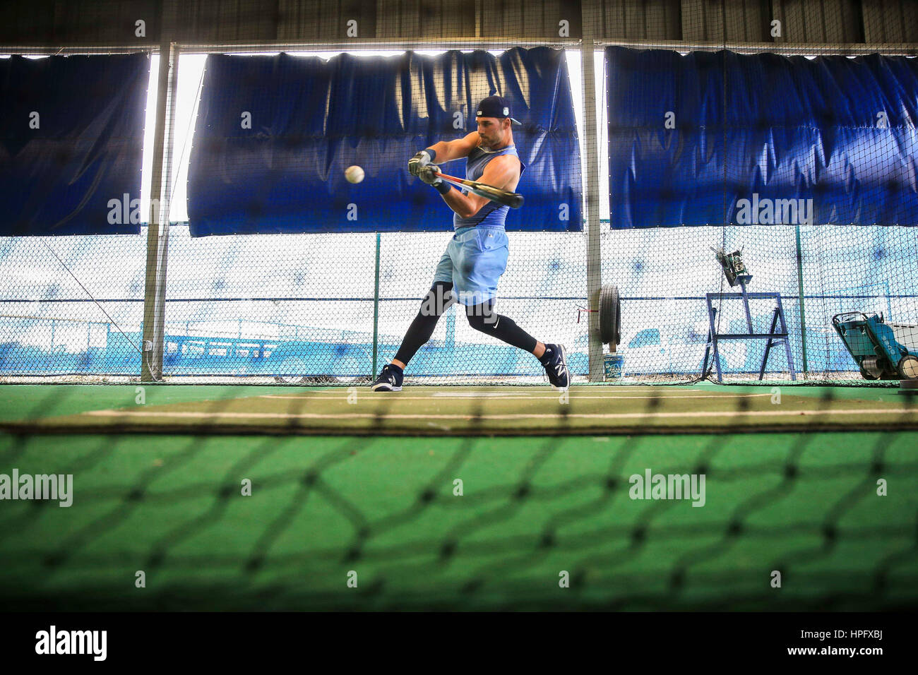 Port Charlotte, Florida, USA. 22nd Feb, 2017. WILL VRAGOVIC | Times.Tampa Bay Rays center fielder Kevin Kiermaier (39) takes cuts in the batting cage after wet weather cancelled on-field work at Charlotte Sports Park in Port Charlotte, Fla. on Wednesday, Feb. 22, 2017. Credit: Will Vragovic/Tampa Bay Times/ZUMA Wire/Alamy Live News Stock Photo