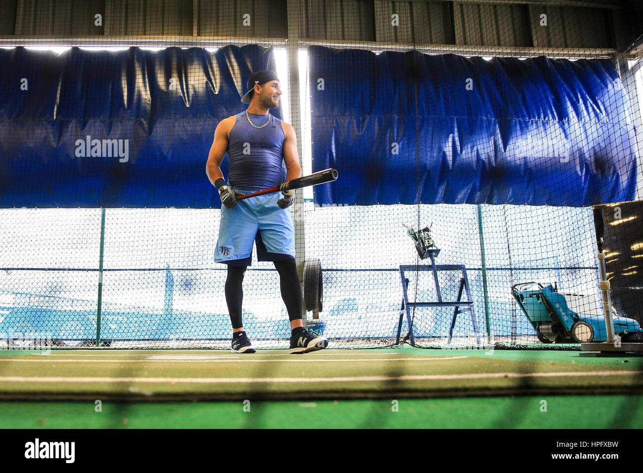 Port Charlotte, Florida, USA. 22nd Feb, 2017. WILL VRAGOVIC | Times.Tampa Bay Rays center fielder Kevin Kiermaier (39) in the batting cage after wet weather cancelled on-field work at Charlotte Sports Park in Port Charlotte, Fla. on Wednesday, Feb. 22, 2017. Credit: Will Vragovic/Tampa Bay Times/ZUMA Wire/Alamy Live News Stock Photo