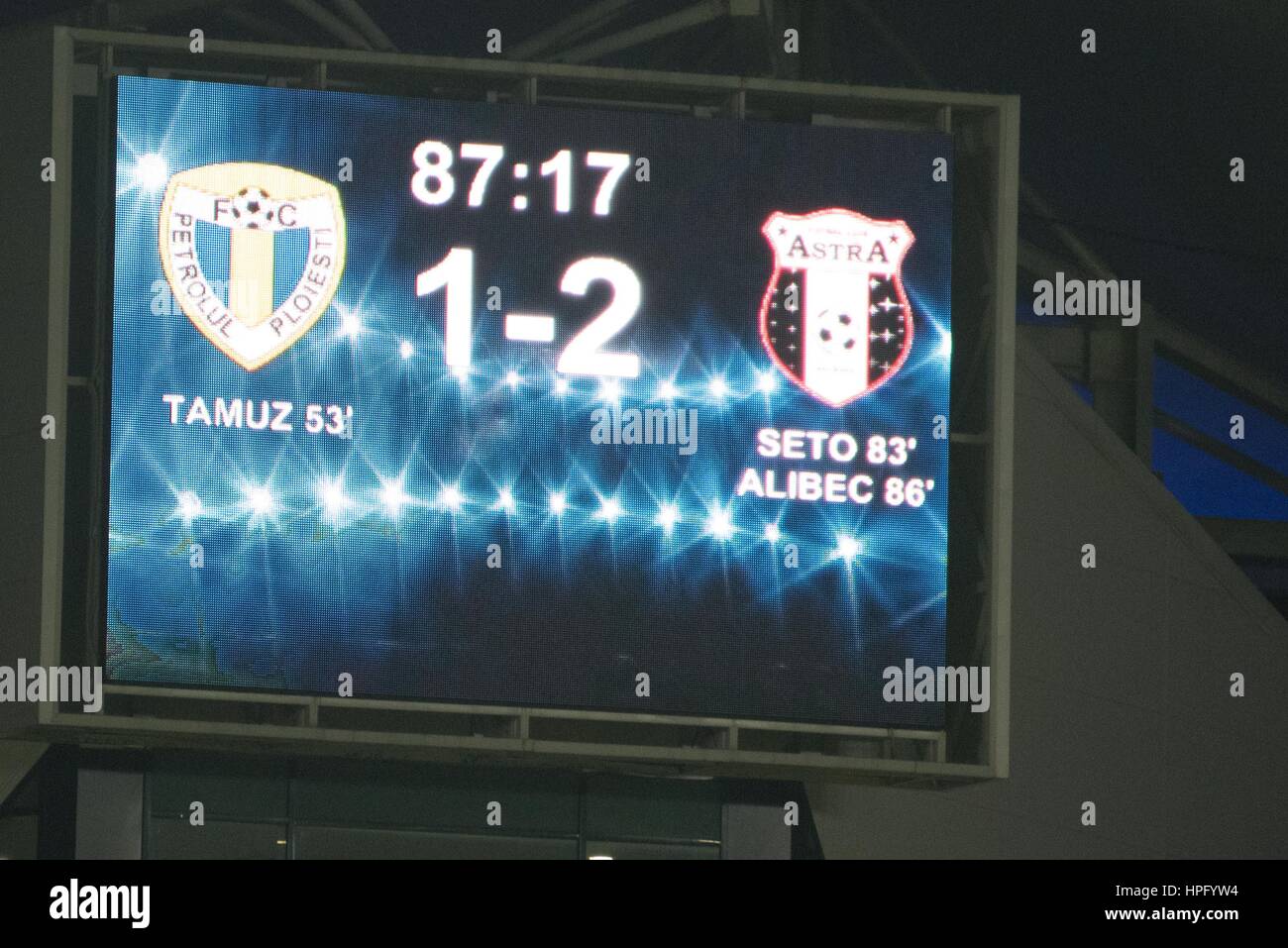 April 30, 2015: The scoreboard of the stadium during the Liga I Romania Soccer game between FC Petrolul Ploiesti ROU and AFC Astra Giurgiu ROU at 'Ilie Oana' Stadium, Ploiesti, Ploiesti,  Romania ROU. Foto: Catalin Soare Stock Photo