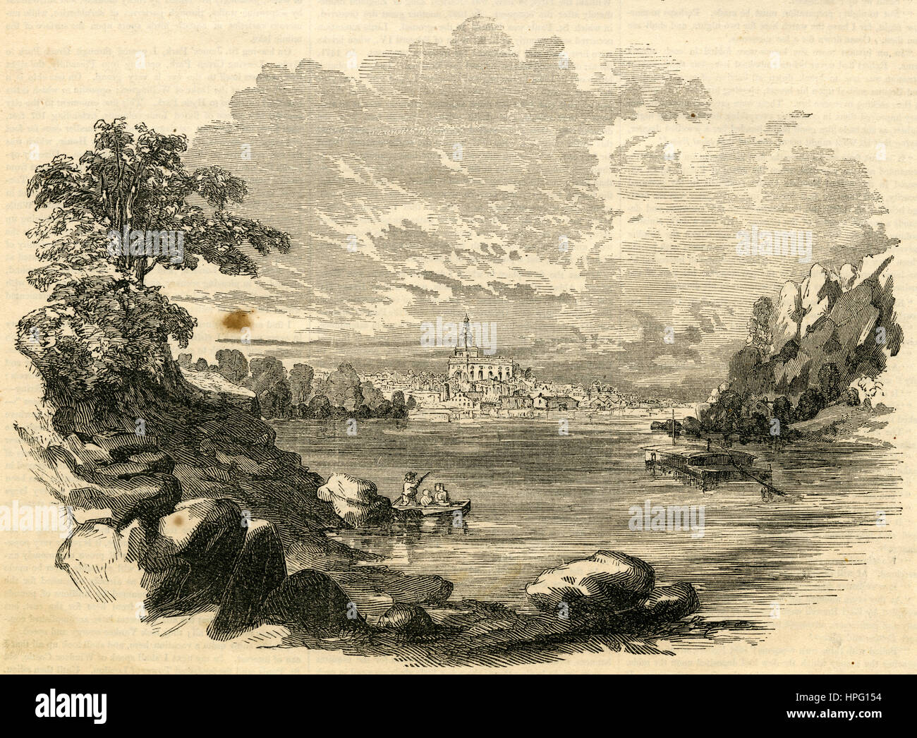 Antique 1854 engraving, 'Nauvoo from the Mississippi, Looking down the River' with the Illinois LDS Temple at center. Nauvoo is a small city in Hancock County, Illinois, United States, on the Mississippi River. SOURCE: ORIGINAL ENGRAVING. Stock Photo