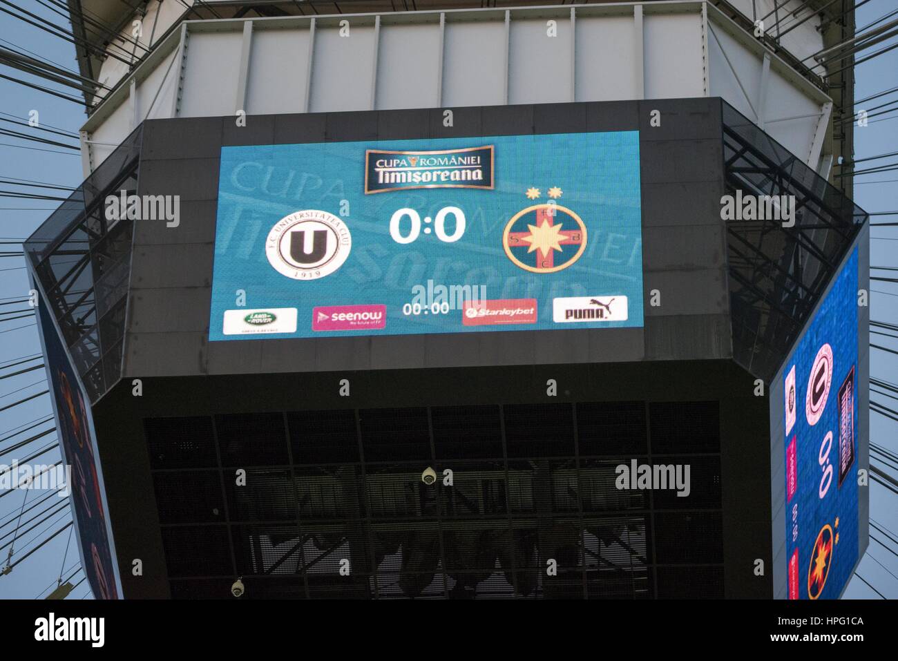 May 31, 2015: The stadium scoreboard at the begining of the Cupa Romaniei Timisoreana 2014-2015 Finals (Romania Cup Timisoreana Finals) game between FC Universitatea Cluj ROU and FC Steaua Bucharest ROU at National Arena, Bucharest,  Romania ROU. Foto: Catalin Soare Stock Photo
