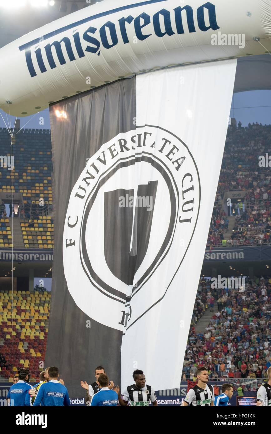 May 31, 2015: The Flag with U Cluj signs at the begining of the Cupa Romaniei Timisoreana 2014-2015 Finals (Romania Cup Timisoreana Finals) game between FC Universitatea Cluj ROU and FC Steaua Bucharest ROU at National Arena, Bucharest,  Romania ROU. Foto: Catalin Soare Stock Photo