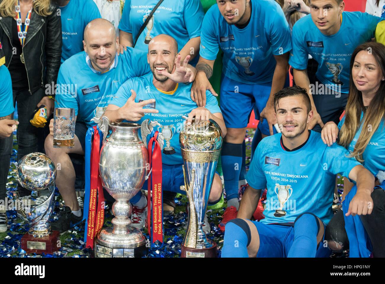 May 31, 2015: The Steaua Bucharest players at the end of the Cupa Romaniei Timisoreana 2014-2015 Finals (Romania Cup Timisoreana Finals) game between FC Universitatea Cluj ROU and FC Steaua Bucharest ROU at National Arena, Bucharest,  Romania ROU. Foto: Catalin Soare Stock Photo