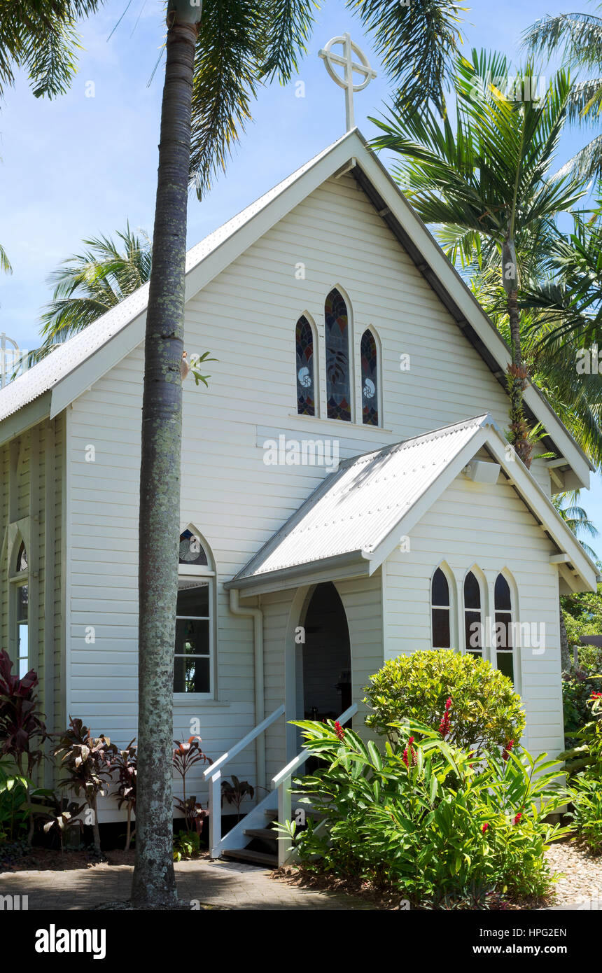 historic gothic revival style chapel on shores of coral sea in tropical port douglas queensland australia Stock Photo