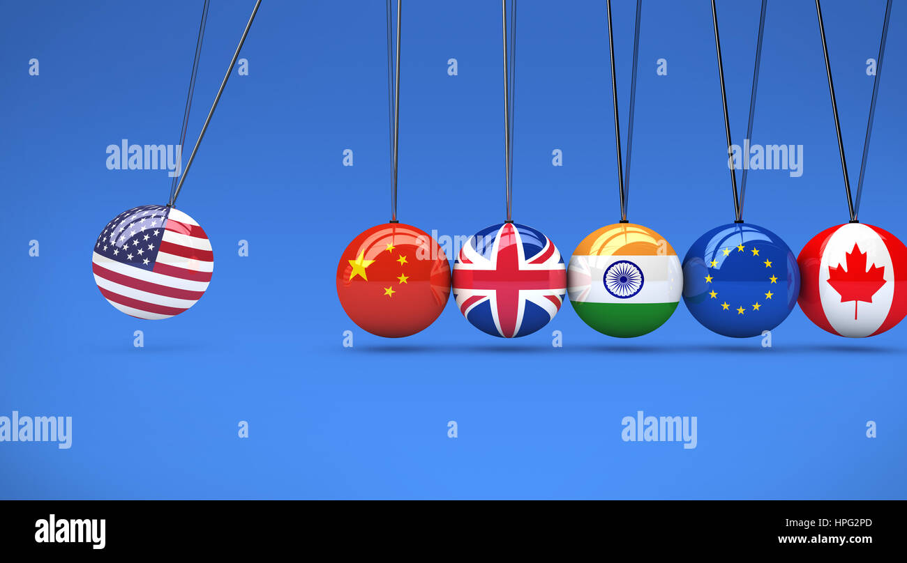 International relationships and global economy consequences concept with a cradle and flags on spheres. Stock Photo