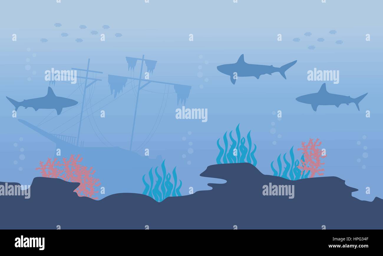 Silhouette of fish and ship underwater landscape vector art Stock ...