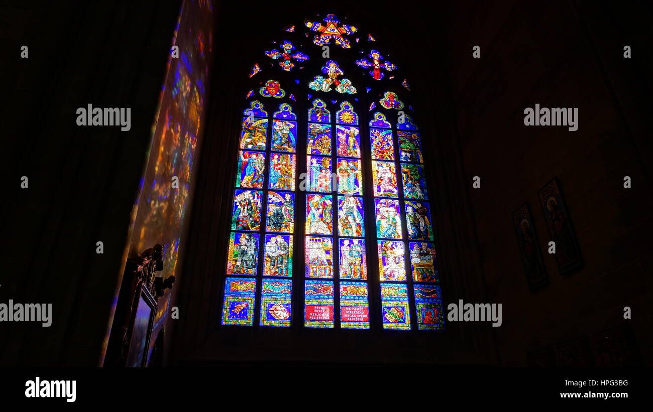 Stain Glass in St. Vitus Cathedral in Prague, Czechia Stock Photo