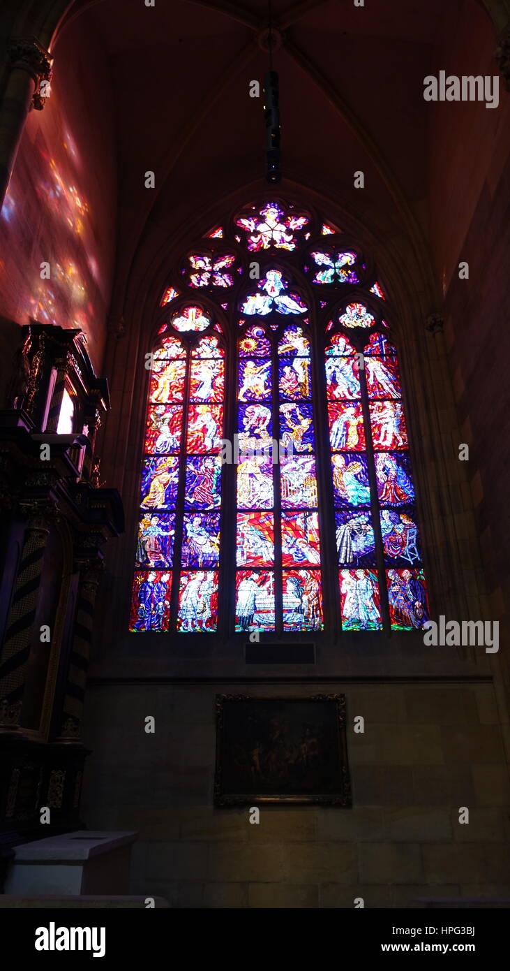 Stain Glass in St. Vitus Cathedral in Prague, Czechia Stock Photo
