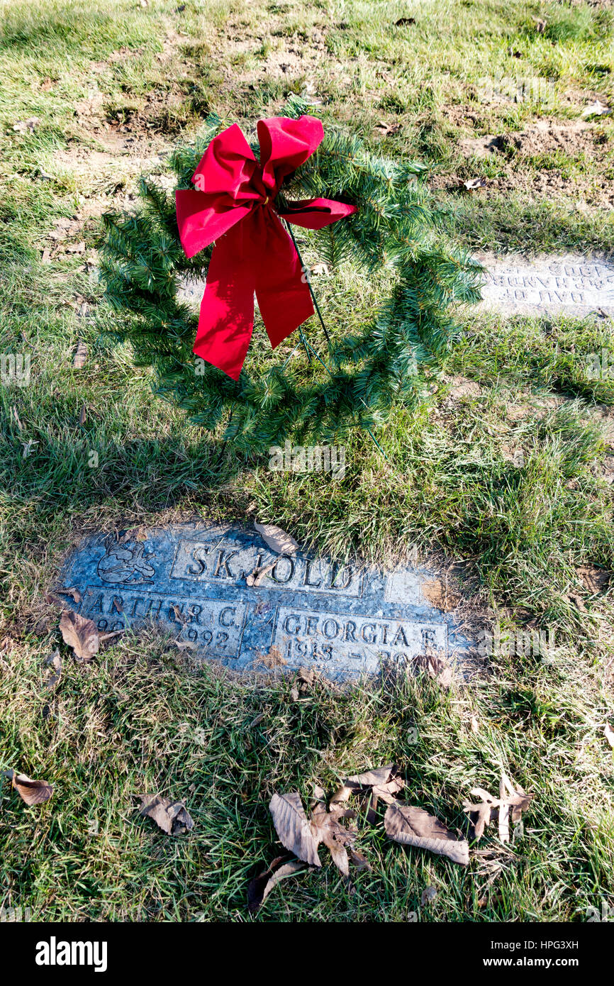 We placed a Christmas wreath at the grave of my mother and father buried in Crystal Lake Cemetery. Minneapolis Minnesota MN USA Stock Photo