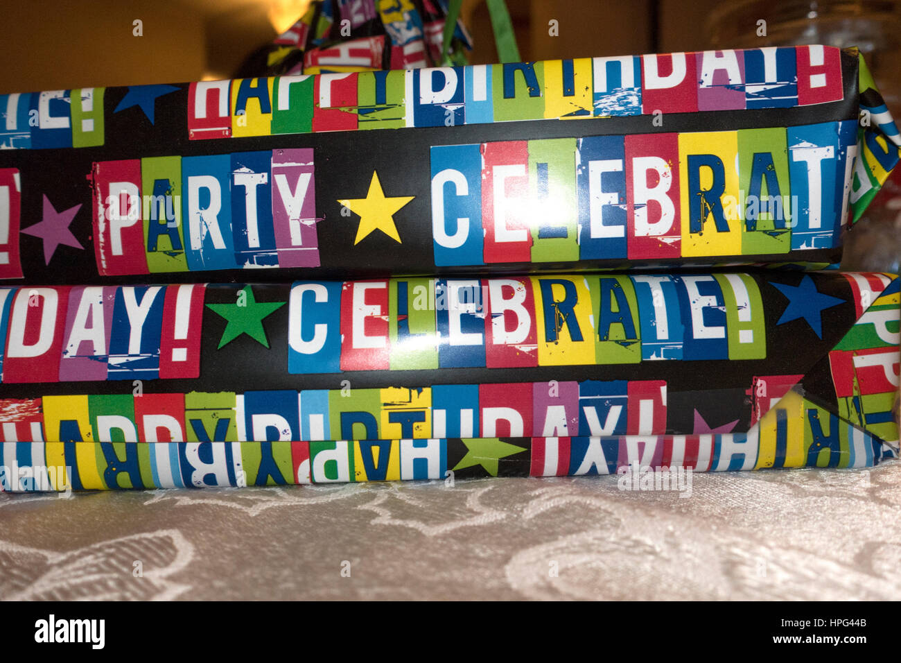 Celebrate happy birthday party banner glitzy stripes. Champlin Minnesota MN USA Stock Photo