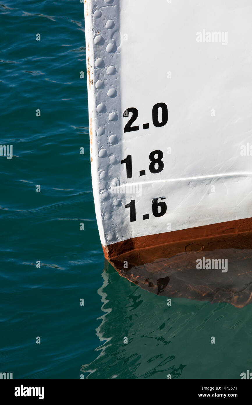 Queenstown, Otago, New Zealand. Draught marks on bow of the historic steamship TSS Earnslaw. Stock Photo