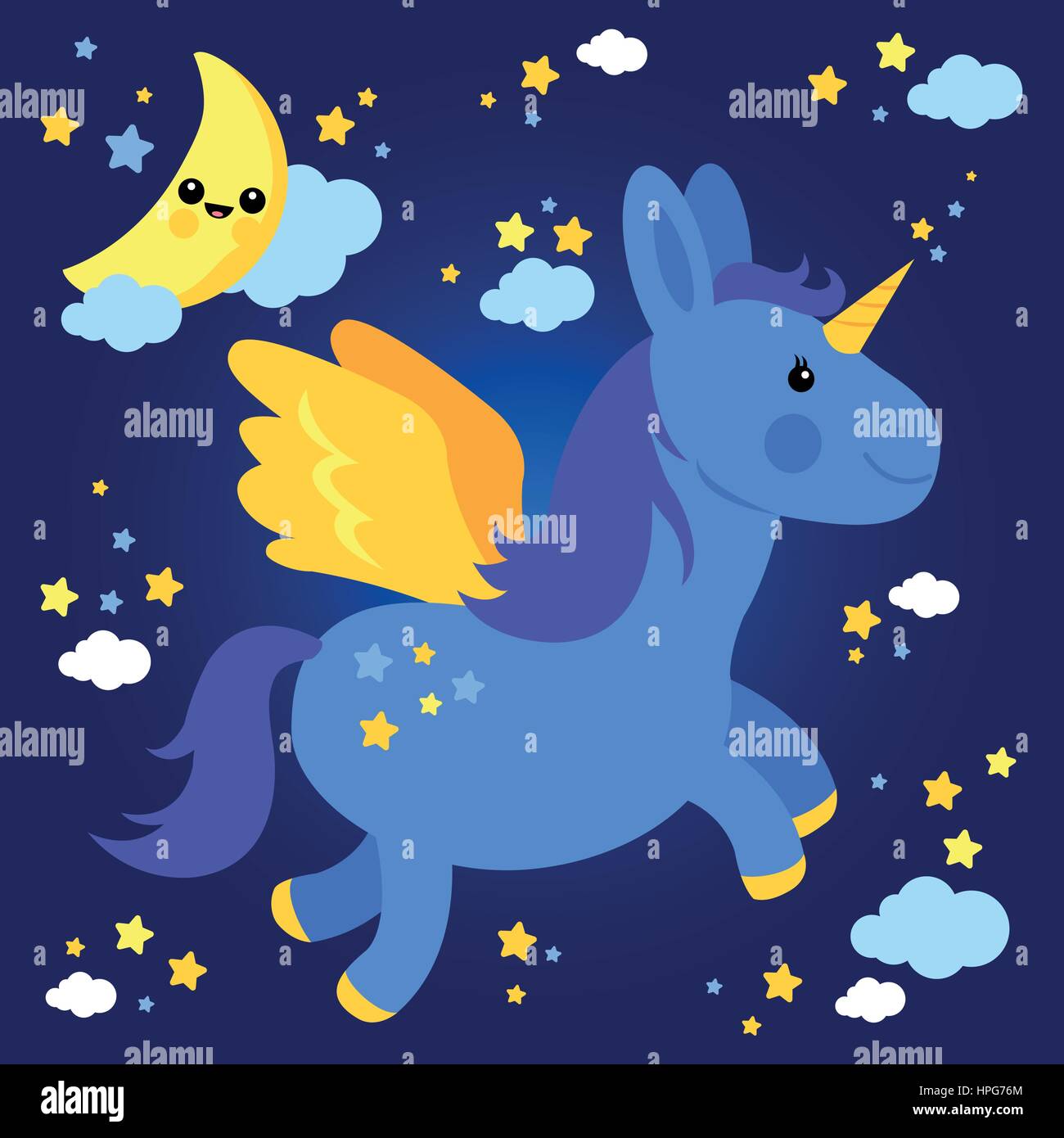 Vector Illustration Of A Cute Unicorn Flying In The Night Sky With Moon