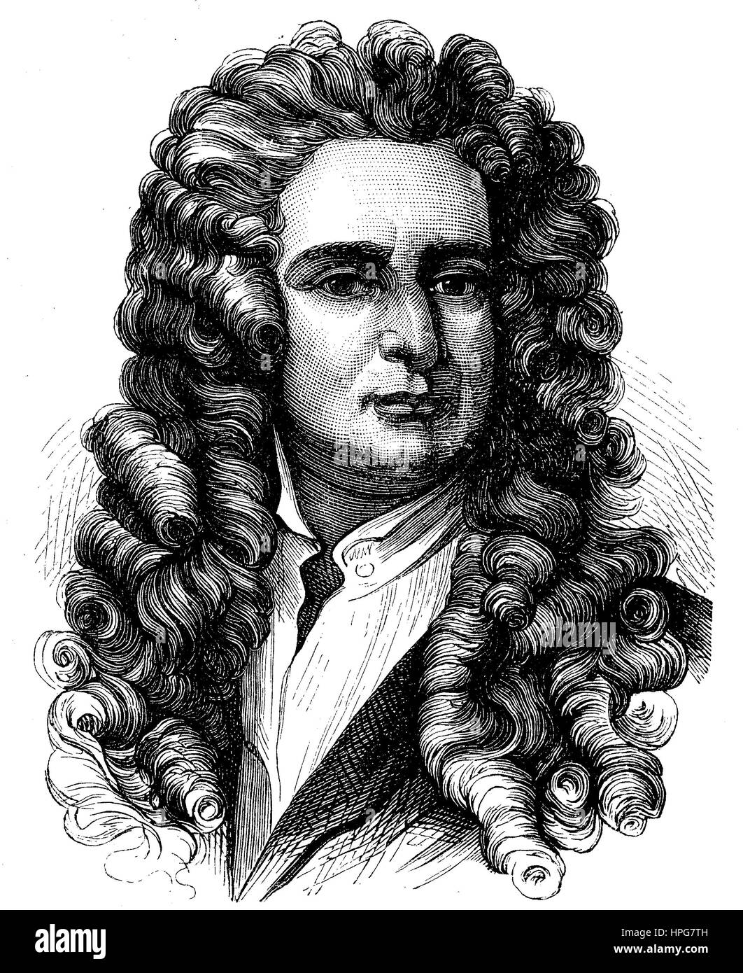Sir Isaac Newton, 1642 - 1726, was an English mathematician, astronomer, and physicist, natural philosopher, who is widely recognised as one of the most influential scientists of all time and a key figure in the scientific revolution, digital improved reproduction of a woodcut from the year 1885 Stock Photo