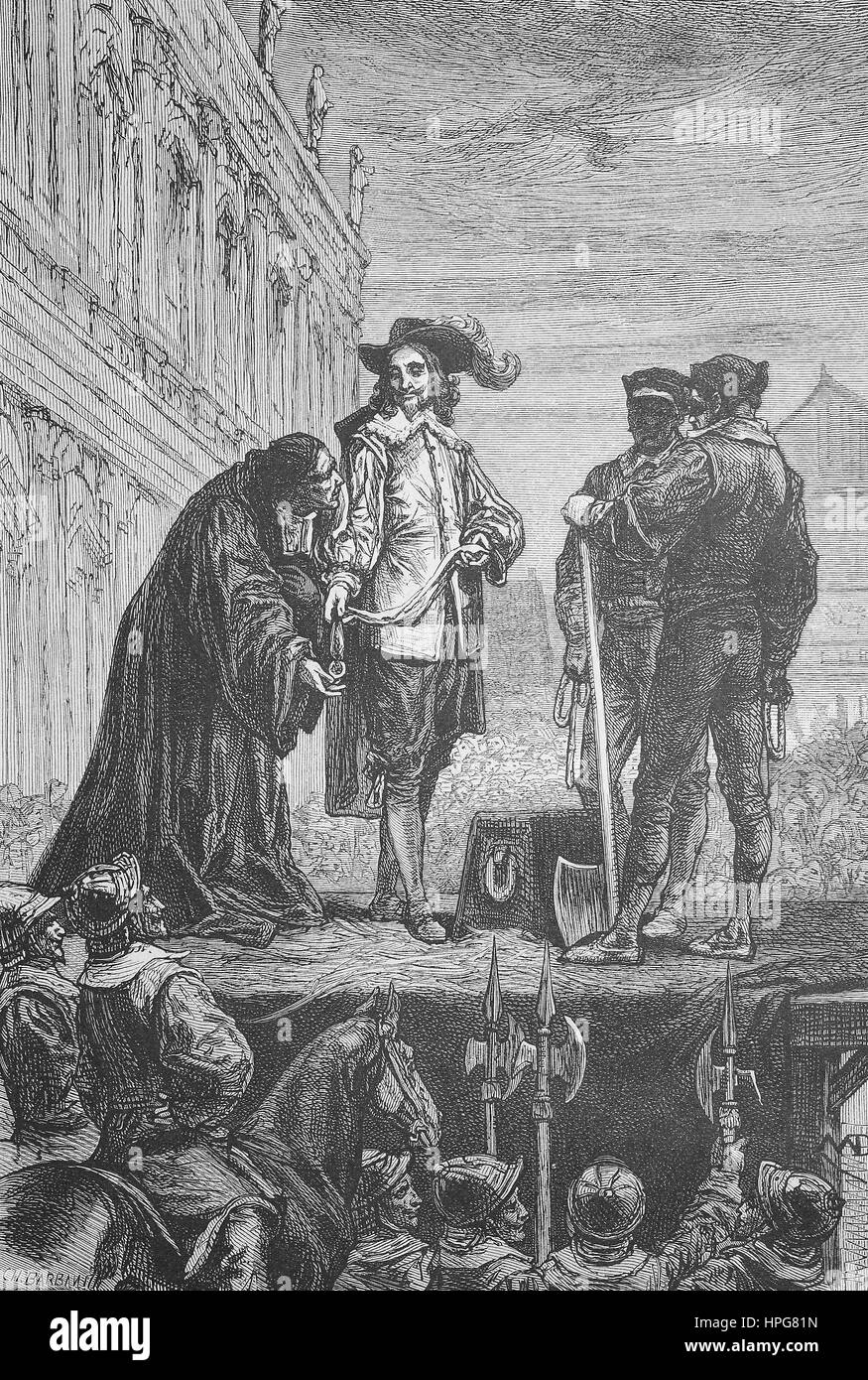 Charles I's beheading, Charles I, 1600 - 1649, was monarch of the three kingdoms of England, Scotland, and Ireland from 27 March 1625 until his execution in 1649, digital improved reproduction of a woodcut from the year 1885 Stock Photo