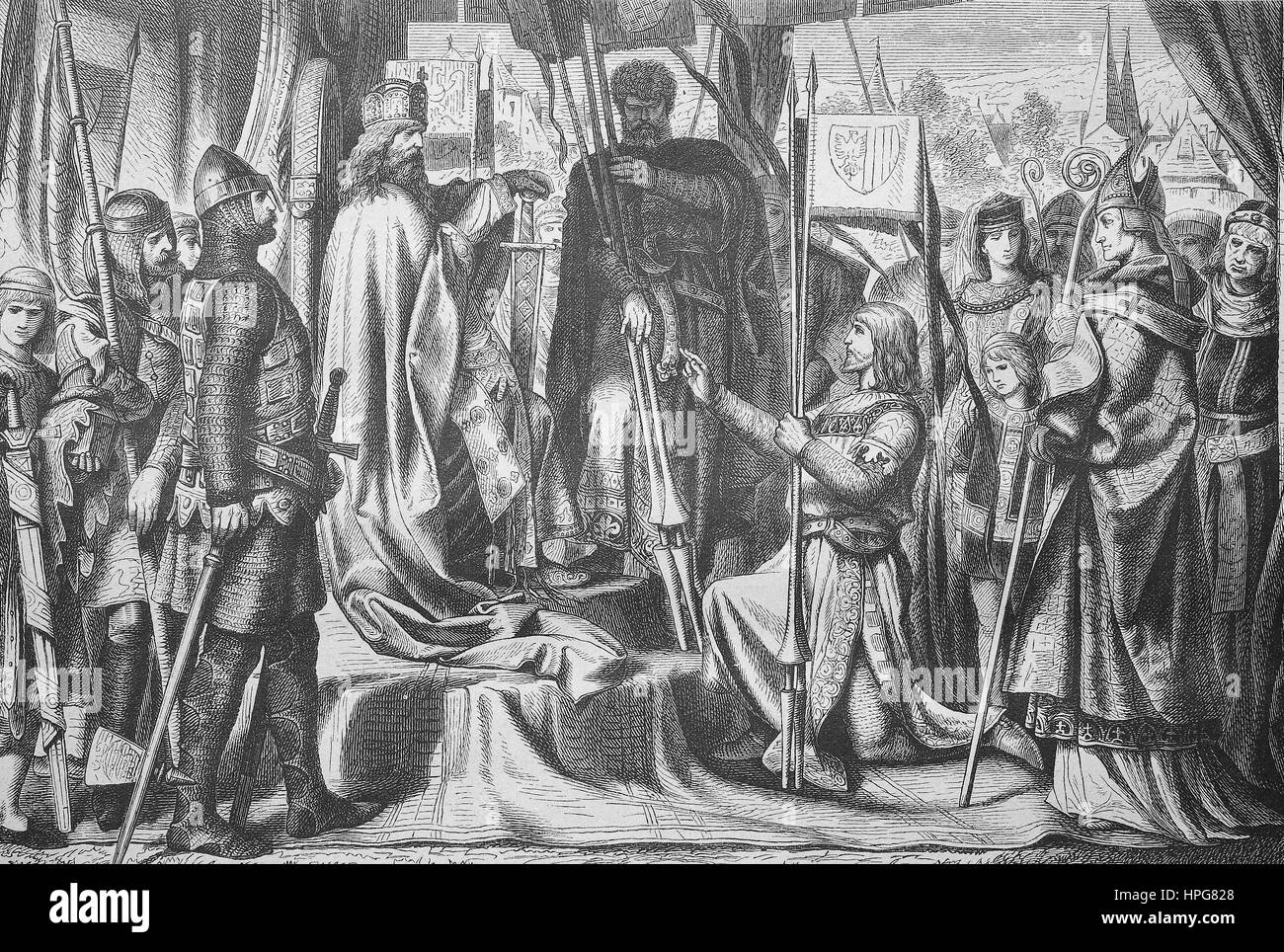Heinrich II wird als erster Herzog von Oesterreich belehnt, Henry II was the first duke of Austria to be enthroned, Henry II, Heinrich, 1112 - 1177, called Jasomirgott, was the Count Palatine of the Rhine from 1140 to 1141, the Margrave of Austria from 1141 to 1156, the Duke of Bavaria from 1141 to 1156 as Henry XI, and the Duke of Austria from 1156 to 1177. He was a member of the House of Babenberg, digital improved reproduction of a woodcut from the year 1885 Stock Photo