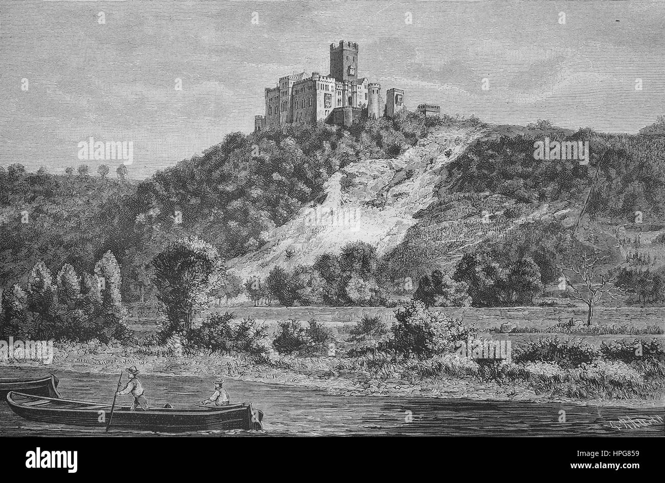 Lahneck Castle, Burg Lahneck, is a medieval fortress located in the city of Lahnstein in Rhineland-Palatinate, Germany, view in the 19. century, digital improved reproduction of a woodcut from the year 1885 Stock Photo