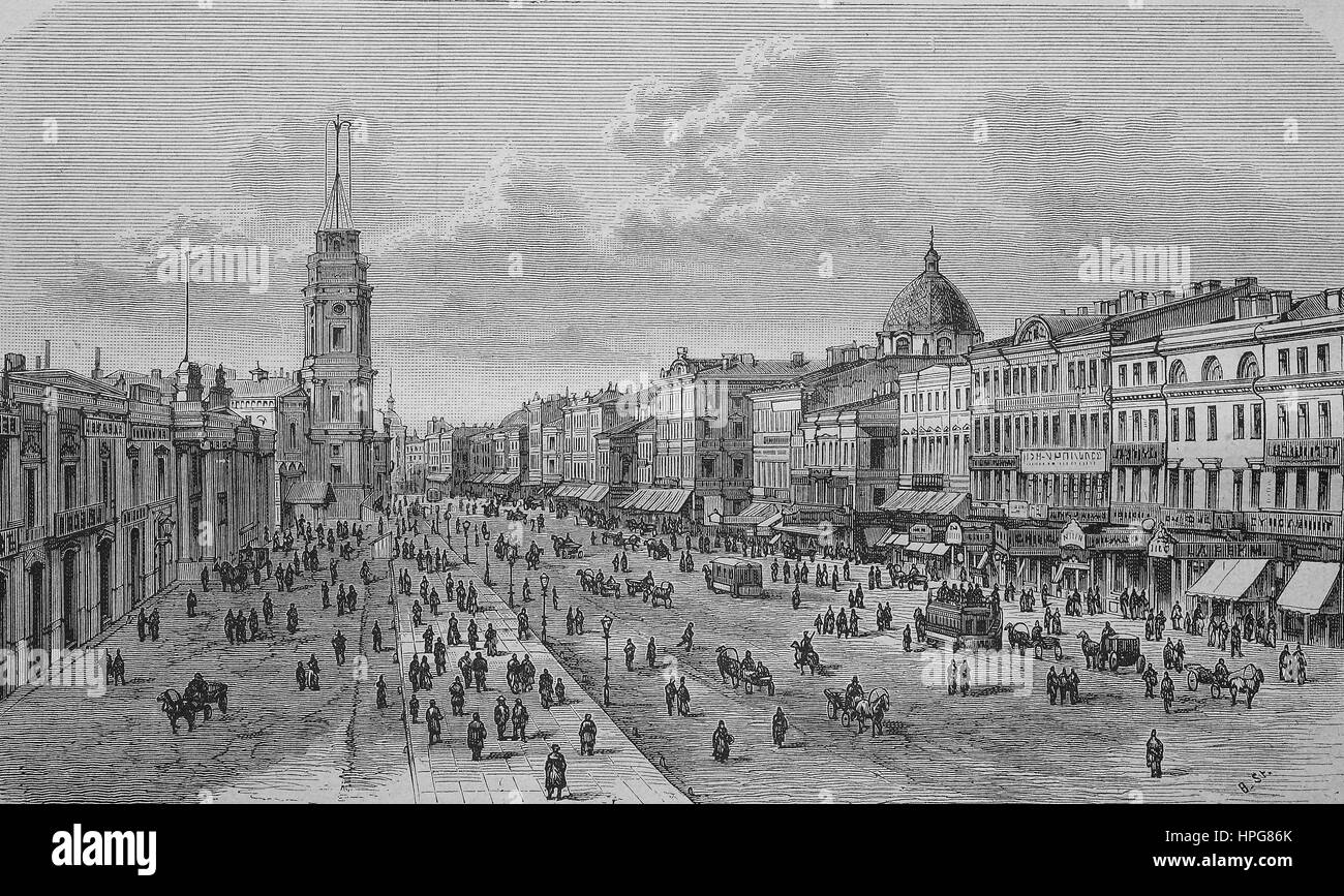 The Nevsky Prospect in St. Petersburg, Russia, in 1885, Der Newsky-Prospekt in St. Petersburg, Russland, im Jahre 1885, digital improved reproduction of a woodcut from the year 1885 Stock Photo