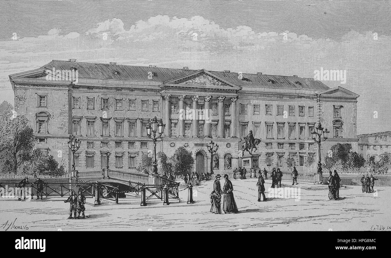 Second palais of Christiansborg, Kopenhagen, Denmark, The second Christiansborg burned down in 1884. Saved were the showgrounds and Hansen's chapel, digital improved reproduction of a woodcut from the year 1885 Stock Photo