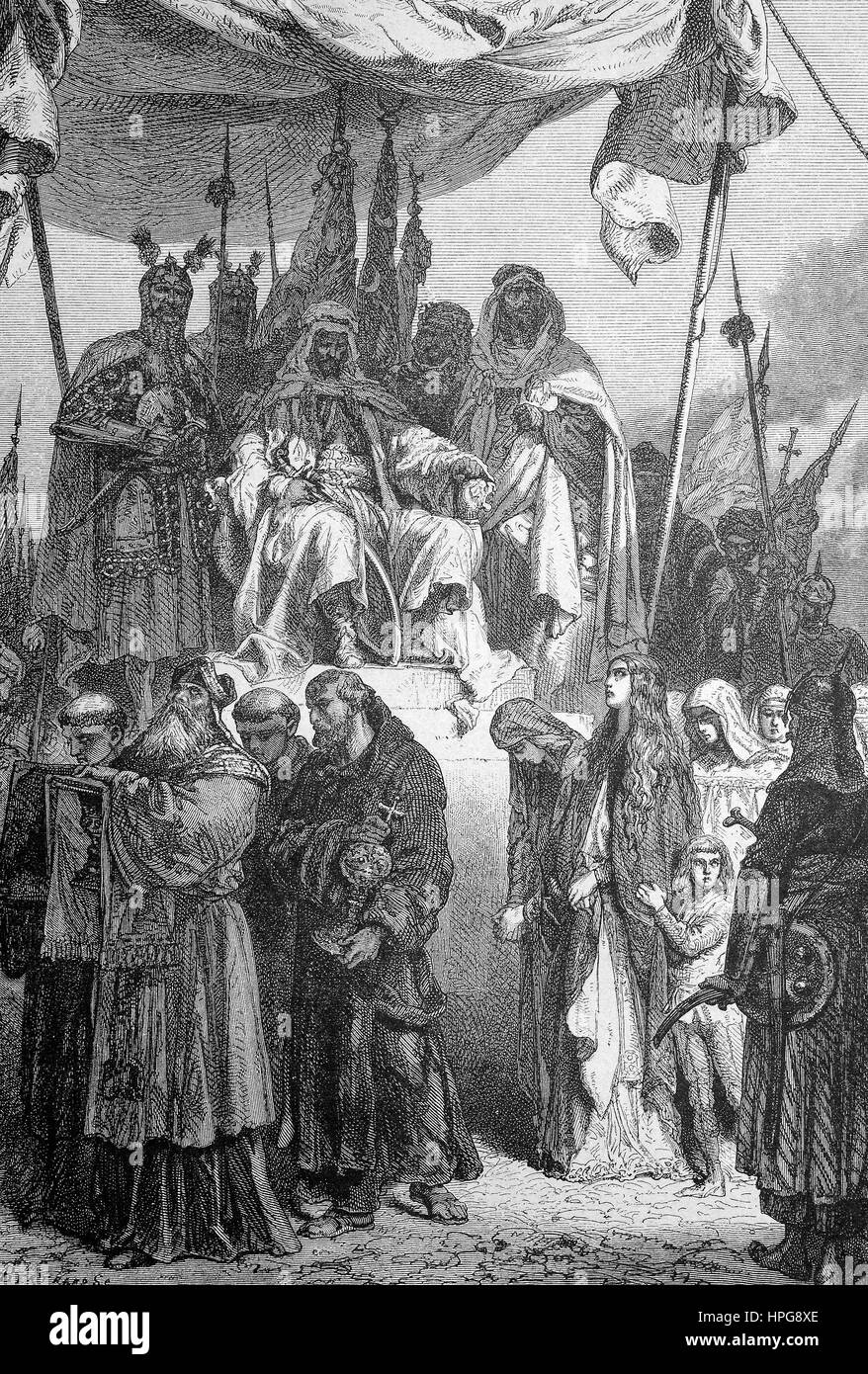 After the conquest of Jerusalem, Saladin lets the captured Christians pass by, Saladin l??t nach der Eroberung von Jerusalem die gefangenen Christen an sich vor?berziehen. An-Nasir Salah ad-Din Yusuf ibn Ayyub, known as Saladin, 1137 - 1193, was the first sultan of Egypt and Syria and the founder of the Ayyubid dynasty, digital improved reproduction of a woodcut from the year 1885 Stock Photo