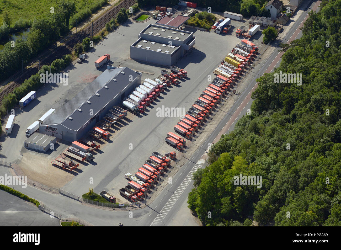 France, Seine et Marne, Souppes sur Loing, aerial viex of trucks (Jamet entreprise) Stock Photo