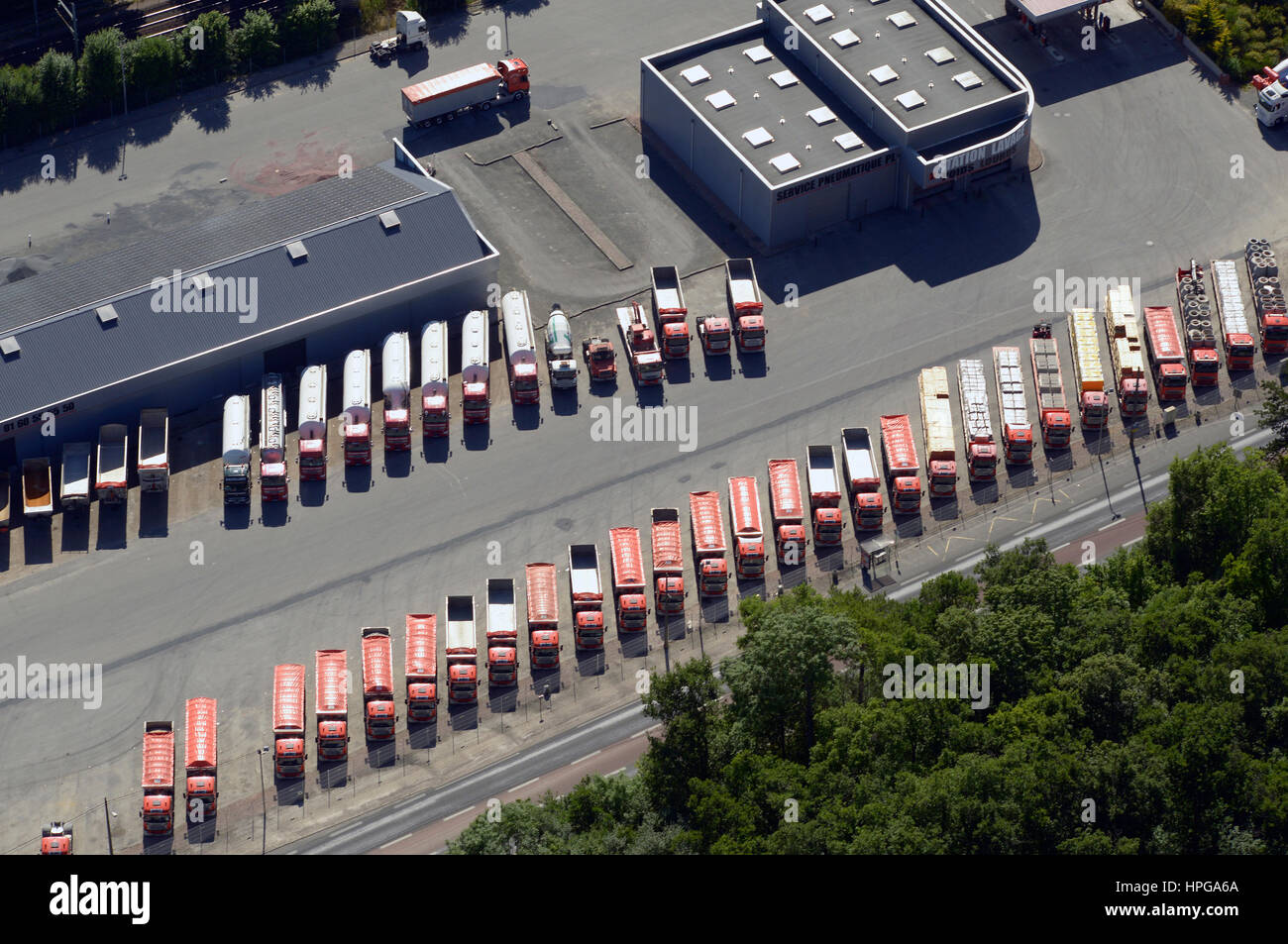 France, Seine et Marne, Souppes sur Loing, aerial view of trucks (Jamet entreprise) Stock Photo