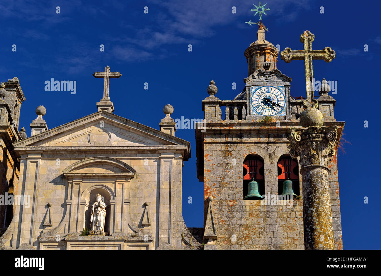 Portugal: Detail of the bell tower and front top of the medieval cathedral of Viseu Stock Photo
