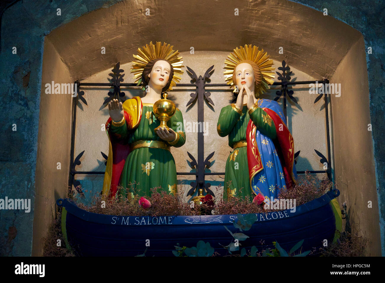 France, Southern France, Gard, Camargue, Saintes Maries de la Mer, effigy of Mary Salome and Mary Jacobe in their boat, Saintes Maries de la Mer Church Stock Photo