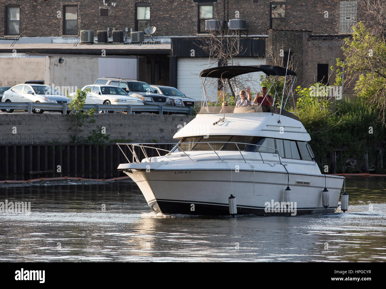 Recreational boat on the Chicago river, Chinatown district of Chicago. Stock Photo