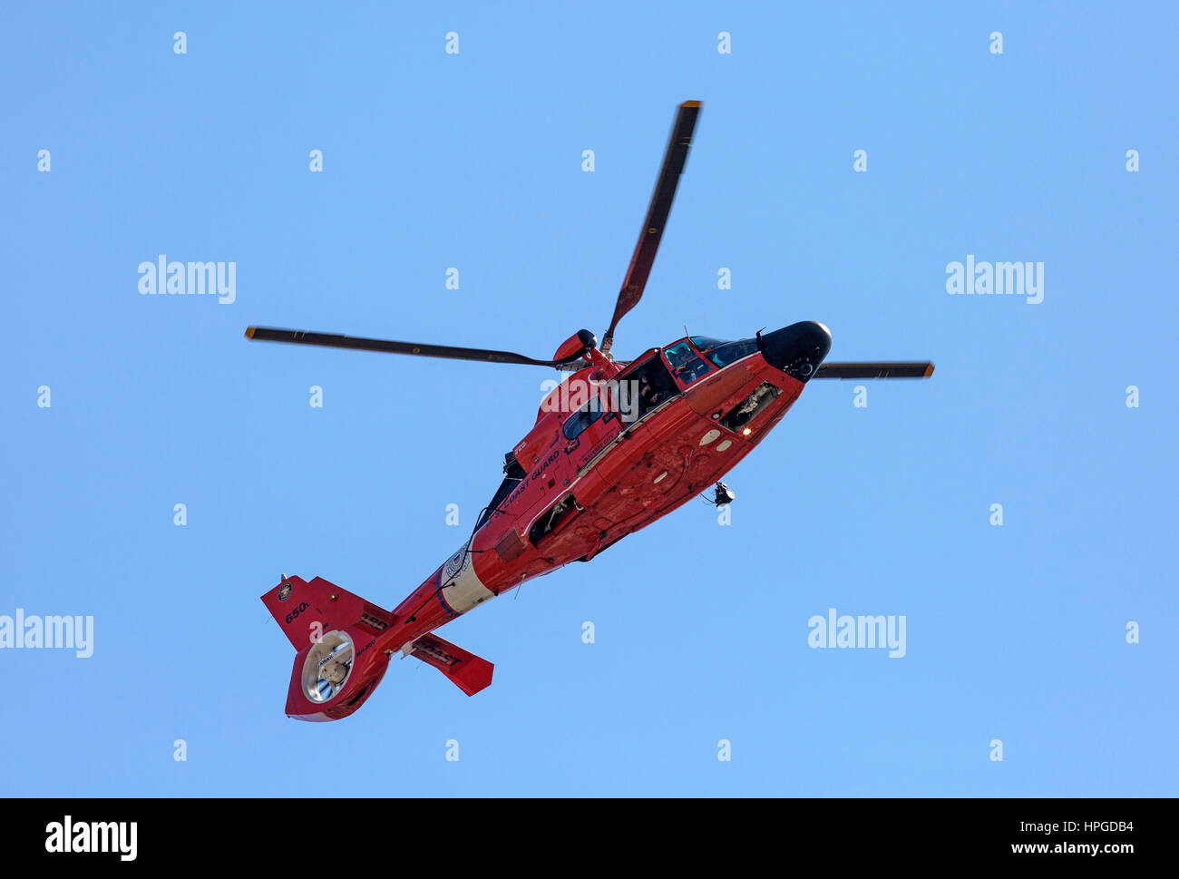 MH-65 Dolphin helicopter from the United States Coast Guard. Stock Photo