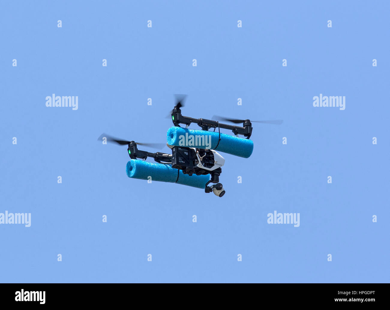 Drone equipped with floatation foam in case it crashes in the water. Stock Photo