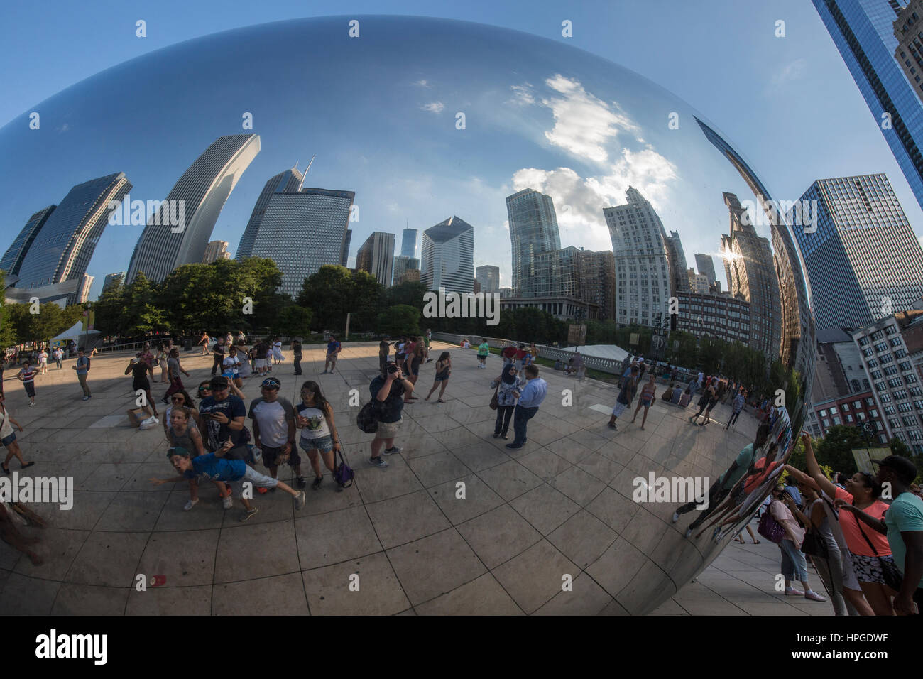 Cloud Gate (popularly known as The Bean),, public sculpture by  Anish Kapoor, in AT&T Plaza at Millennium Park, downtown Chicago Stock Photo
