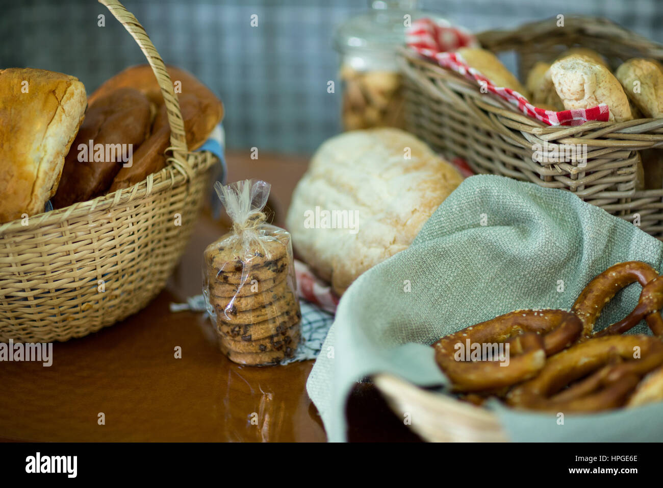 Various bread and cookies on counter in bake shop Stock Photo Alamy
