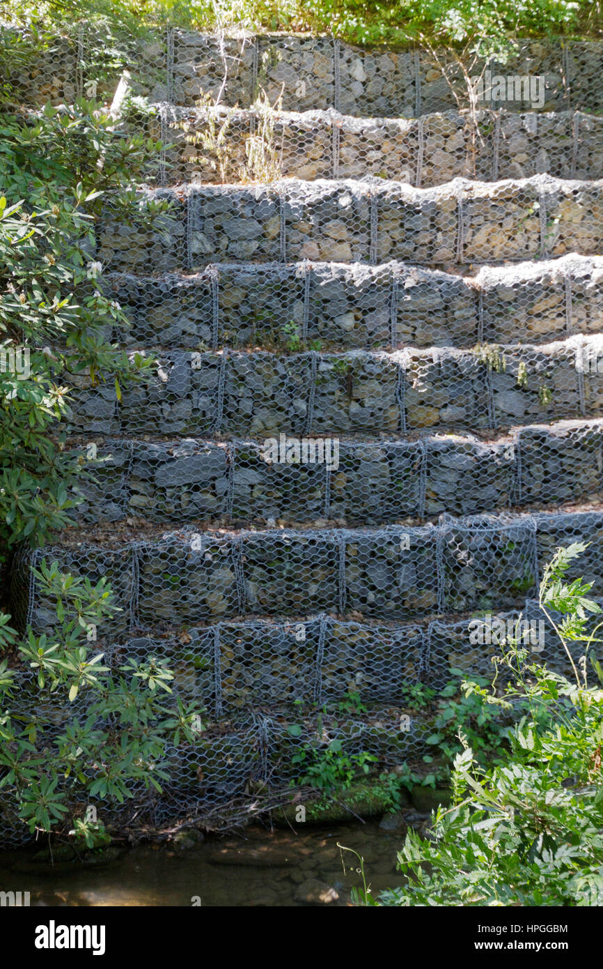 Multiple tiers of screened in Gabion riprap (rock) lining a stream controls river bank erosion Stock Photo