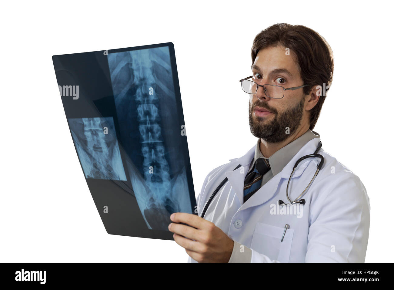 Male doctor looking at a x-Ray on a White background Stock Photo - Alamy